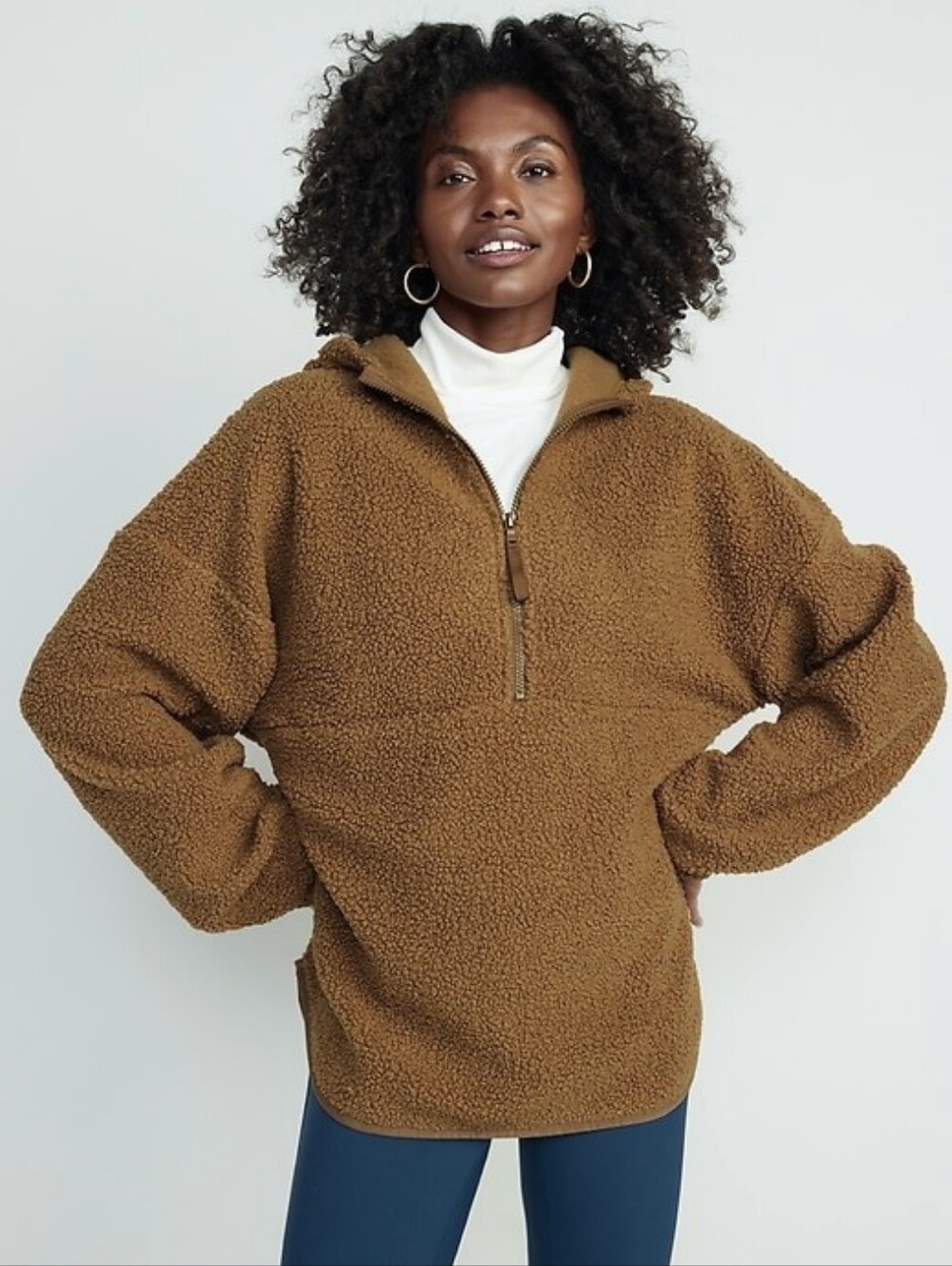Old Navy Sherpa Half Zip Tunic Hoodie - Tan Brown - Size XL Womens - Fleece Coat